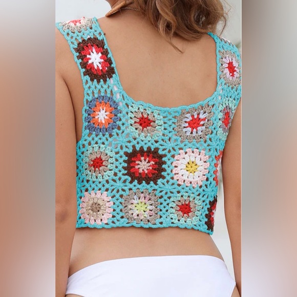 Altar'd State Granny Square Crochet Turquoise Multi Crop Tank Top One Size - Picture 2 of 9